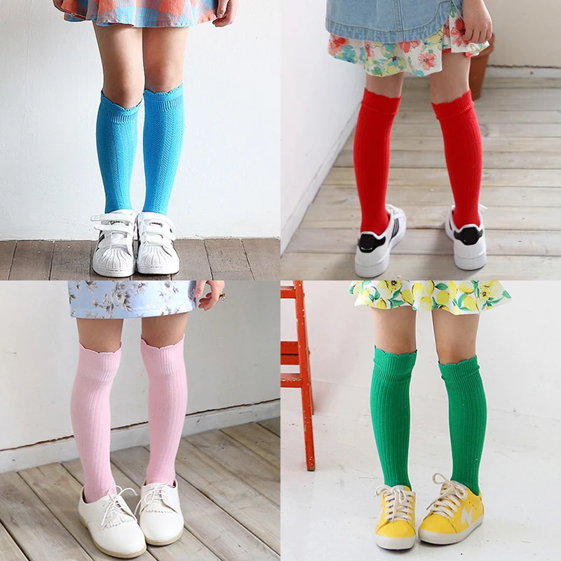 

Cotton Lace Double Needle Children Breathable Socks Solid Baby Girls Knee Socks School Spring Autumn Winter