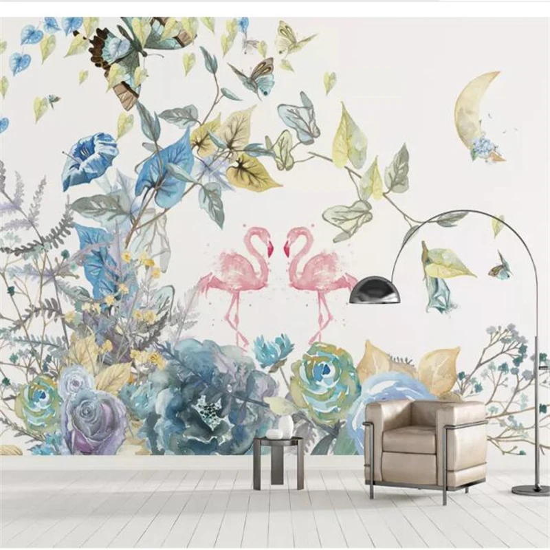 

wellyu wall papers home decor Custom wallpaper Nordic fresh hand painted flower flamingo background wall paper mural behang