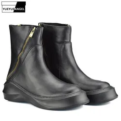 Retro European New Fashion Winter Zipper Mens Boots Round Toe Genuine Leather Mid Heel Male Shoes Footwear Thick Heel