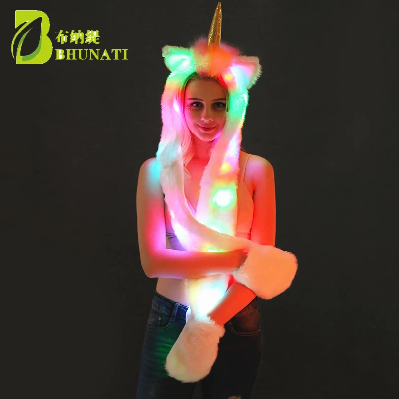 2024 New LED-lit Unicorn Hat Winter Fashion Warm Long Scarf And Gloves Multi-Scene Artificial Animal Fur Hat