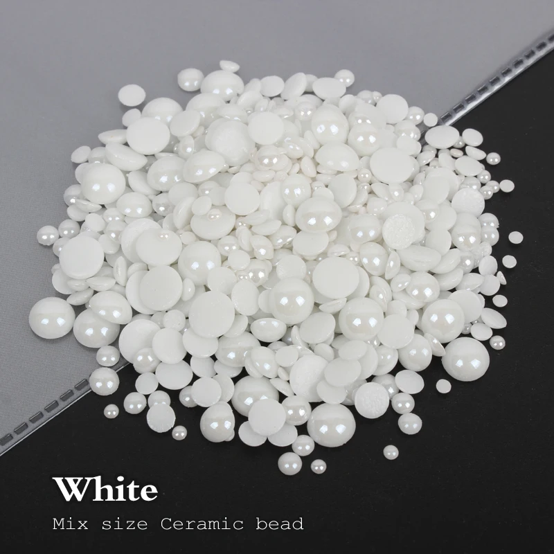 1000pcs/lot white/black Mix Sizes Ceramic Beads Half Round Flatback Pearl 2mm-6mm mixed for DIY Glue Nail Art Garment