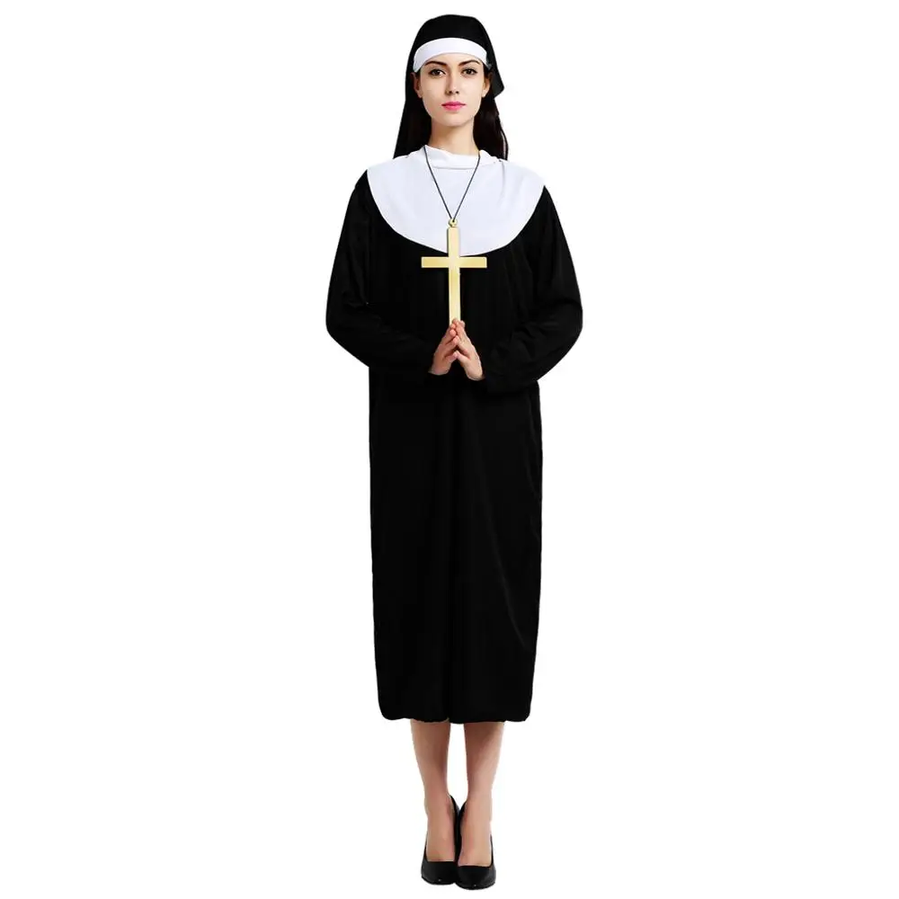 Snailify Classic Nun Costume For Women Black Long Robe With Veil Set Halloween Carnival Party Purim Prayer Outfits