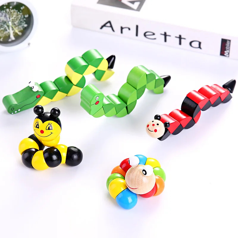 Colorful Wooden Worm Puzzles Kids Educational Baby Toys Insect Fingers Flexible Training Twisting Game for Children Gift DS19