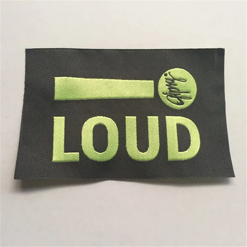 Custom 6*9.5cm Fluorescence Green Text Woven Labels For Clothing