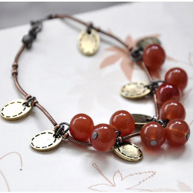 Vintage Sweet Cute Red Cherry Charm Bracelets & Bangles For Women Jewelry Retro Coin Bead Bracelet Mujer Pulseras Christmas Gift