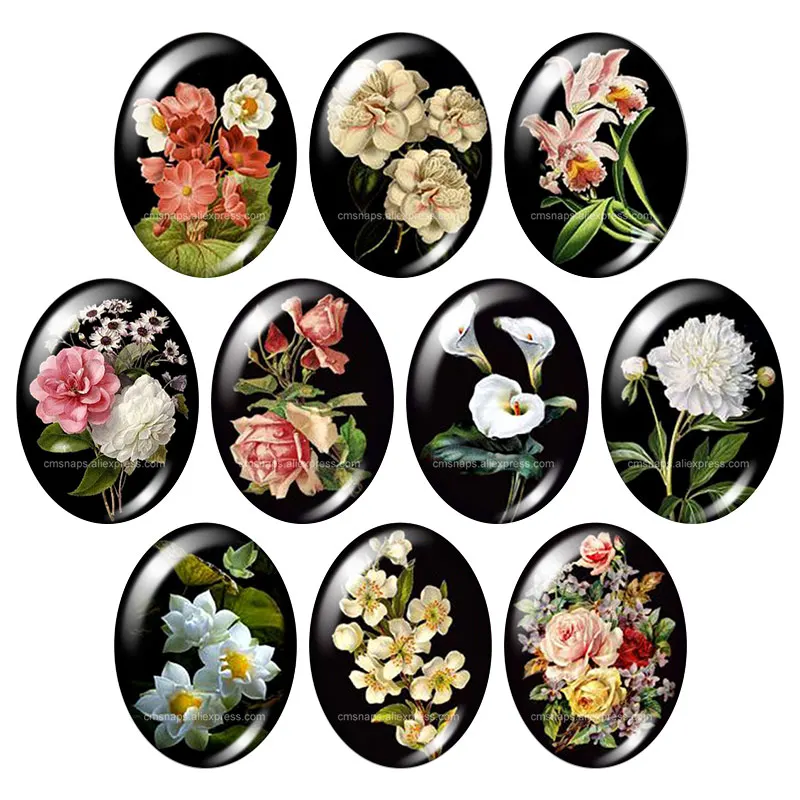 

Beauty Blooming flowers lily Rose 13x18mm/18x25mm/30x40mm mixed Oval photo glass cabochon demo flat back Jewelry findings TB0043