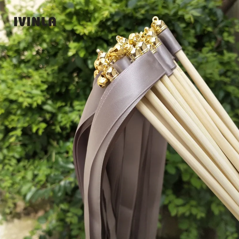 

50pcs/lot grey wedding ribbon wands with gold bell for wedding decoration