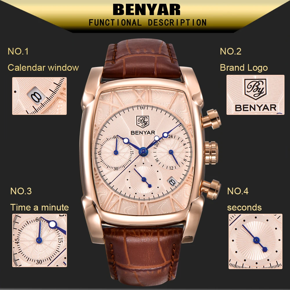 BENYAR Classic Rectangle Case Fashion Sport Chronograph Men\'s Watches Waterproof 30M Genuine Leather Strap Luxury Quartz Watch