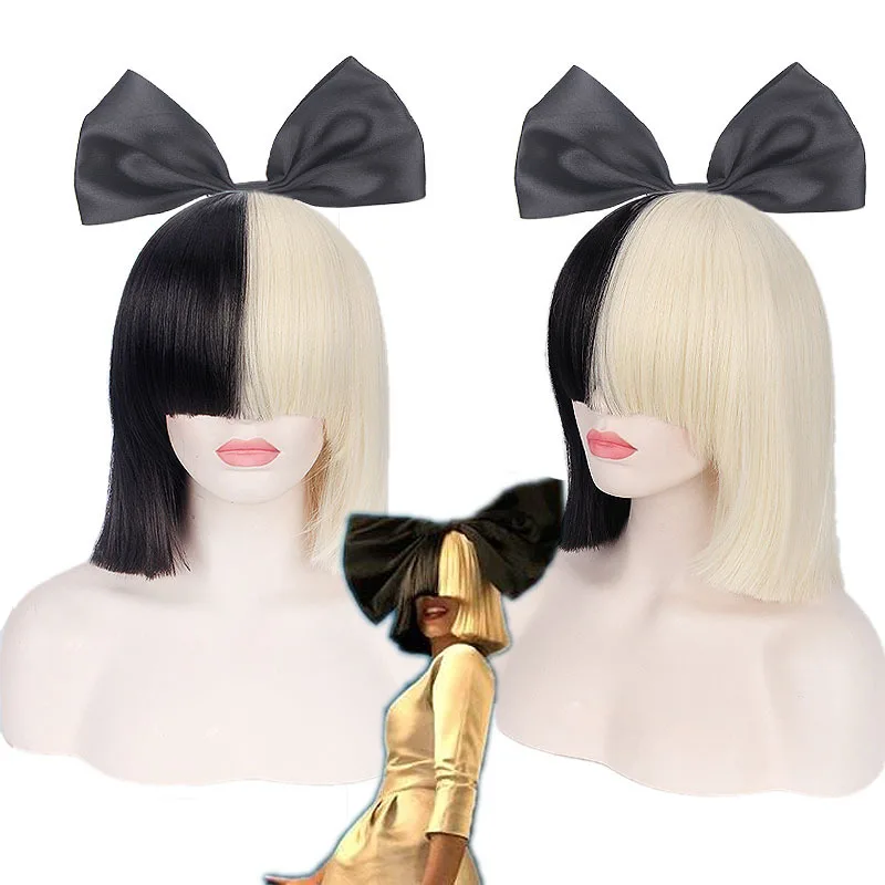 This is Acting SIA Anime Cosplay Wig Synthetic Hair Women Straight Halloween Half Blonde Black Short Bob Wigs With Bangs 35cm