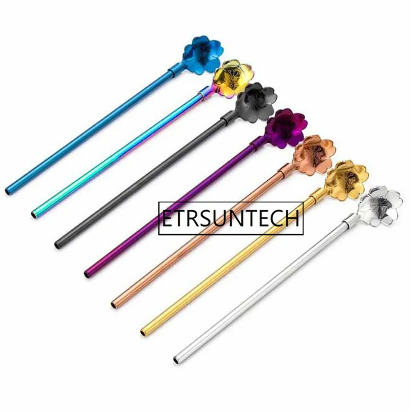 300pcs Flower Straw Spoon Portable Gold Tea Scoop Reusable Colored Stainless Steel Straws Cocktail Coffee Stirring Spoon