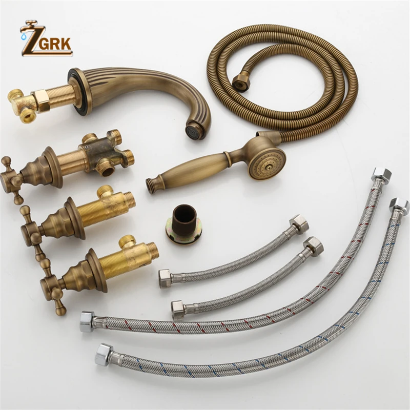 ZGRK Brass Classtic Bathtub Mixer Faucet Set with Handheld Shower Deck Mounted 5 Holes Hot and Cold Taps