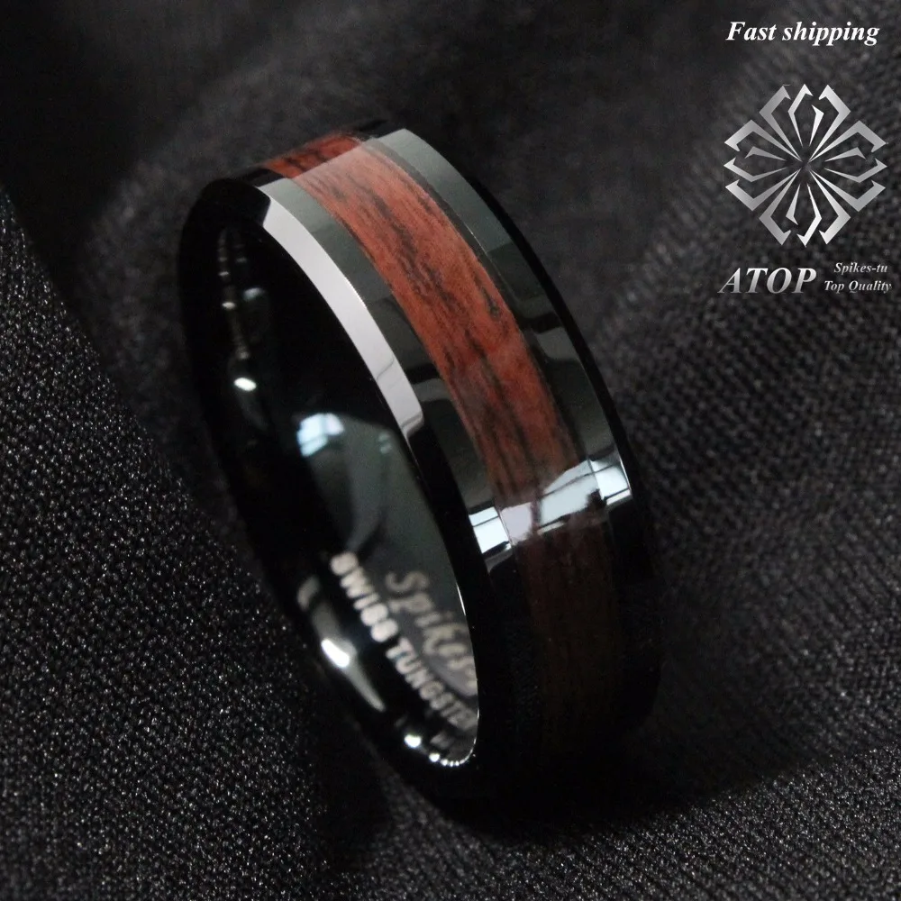 

8mm Men's Tungsten Carbide ring Red Wood Inlay Black Plat Wedding Band Ring Free Shipping