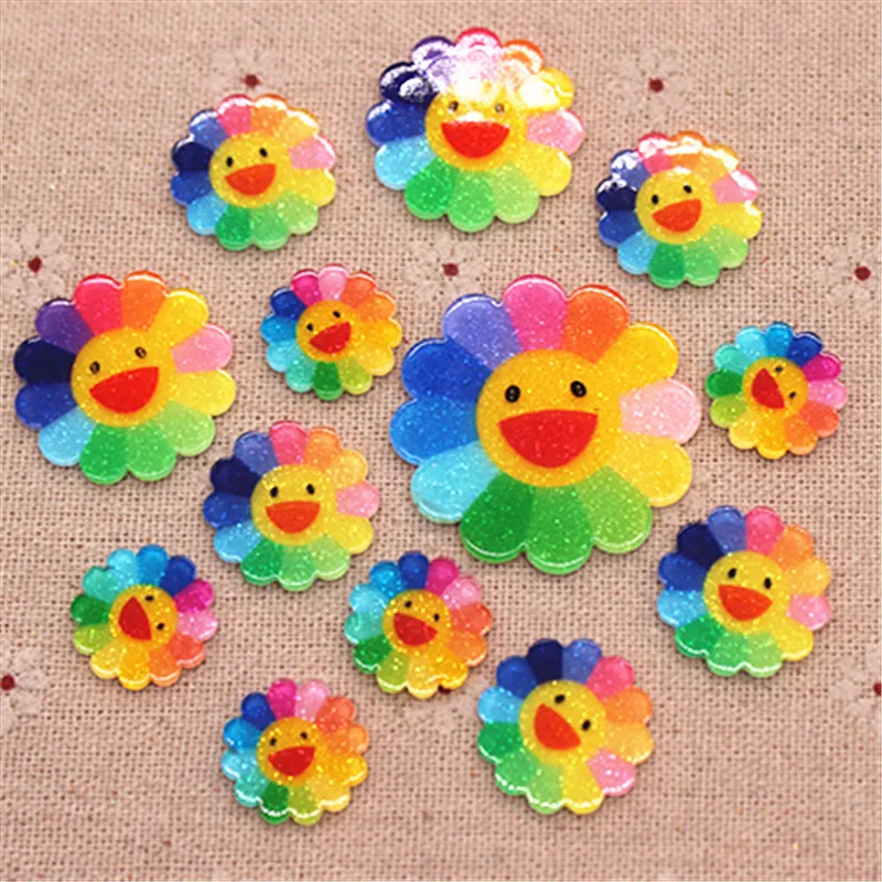 17mm-36mm Cute Resin Planar Rainbow Smiling Sunflower FlatBack Cabochon DIY Scrapbook Hair Ornament Decoration