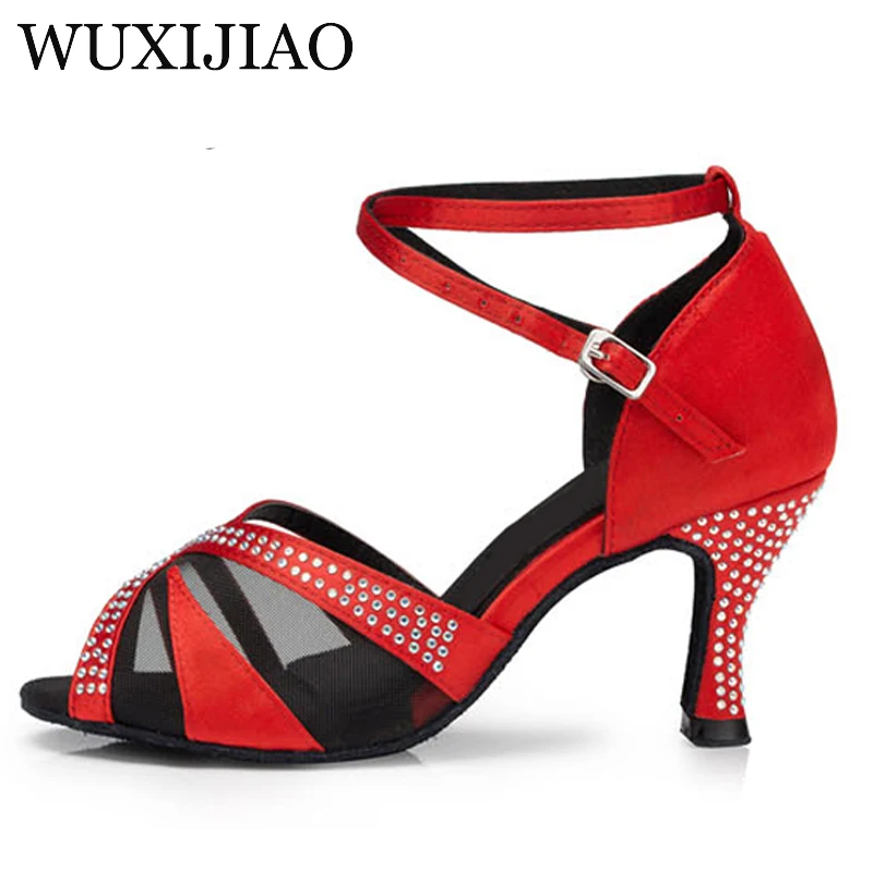 Wuxijiao Hitam Orange dan Merah Satin Kristal Berlian Imitasi Salsa Tango Ballroom Latin Menari Sepatu dan Sepatu Dansa