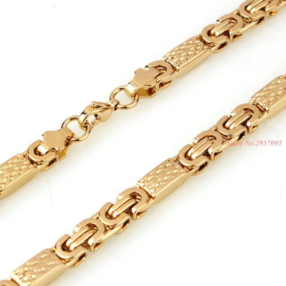 6mm Mens Chain Boy Necklace Gold Color Flat Byzantine Greek Pattern Link Stainless Steel Necklace Wholesale Gift Jewelry