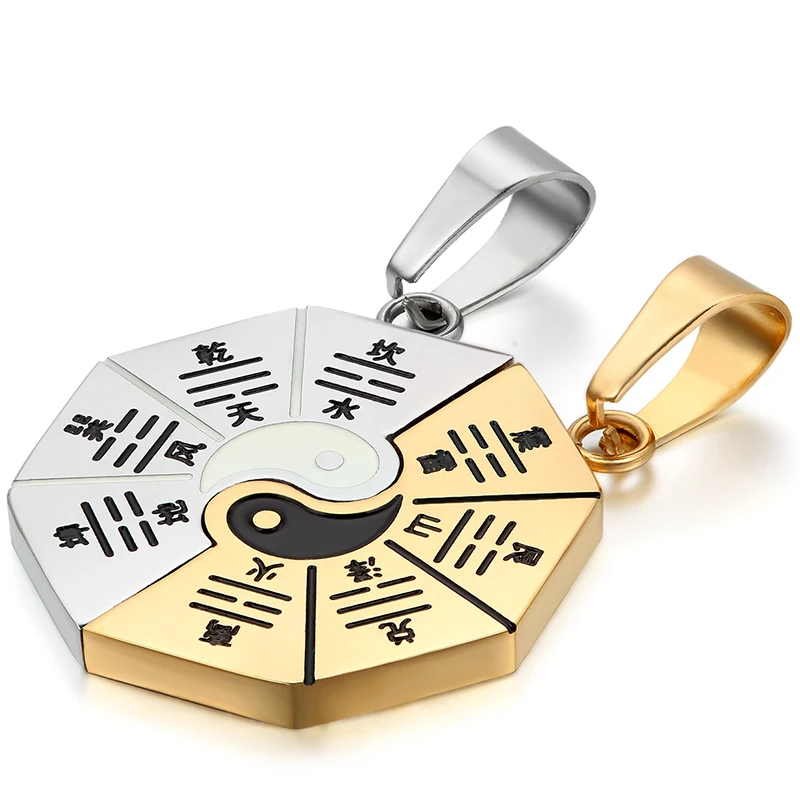 BONISKISS Stainless Steel Chinese Mystical Yin Yang Tai Chi Ba Gua Matching Pendant Gold  Silver Color Black With Chian(Pair)