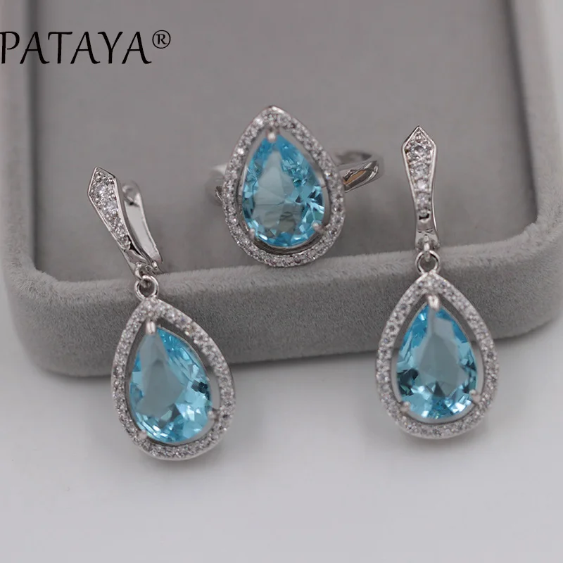 PATAYA True White Gold Color Jewelry Sets Green Water Drop Natural Zircon Earrings Ring Set Women Romantic Wedding Party Jewelry