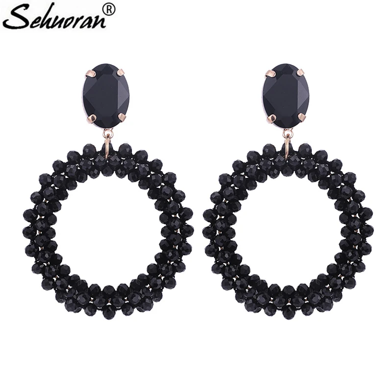 Sehuoran Boho Crystal Facted Beads Handmade Earrings Large Round Earrings Women Vintage Ethnic Jewelry Pendientes Flecos Borla