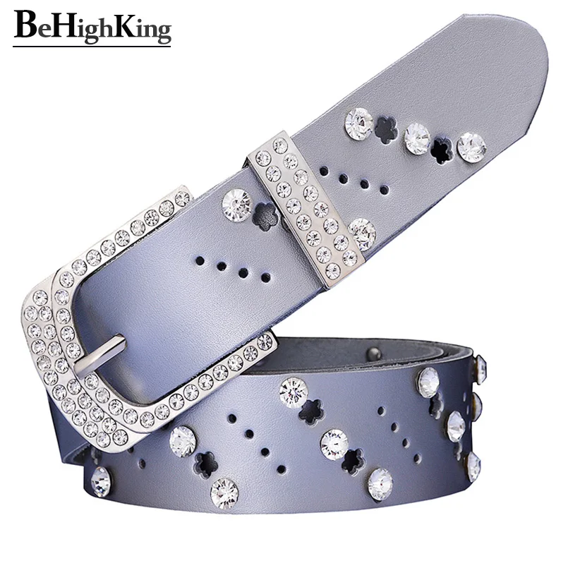 

Hollow genuine leather belts for women Fashion rhinestone female belt for jeans Quality cow skin woman waist strap Width 3.3 cm