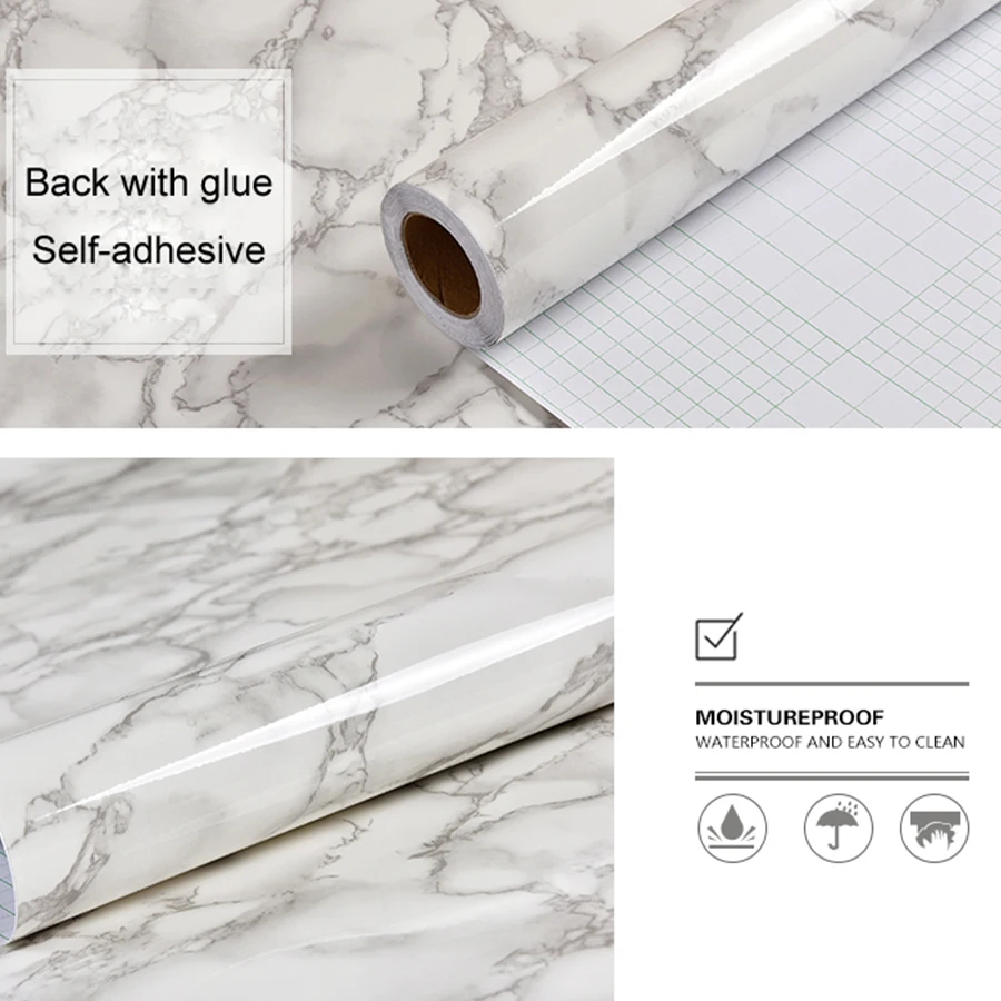 PVC Bright Marble Wallpaper Self Adhesive Waterproof Bathroom Tile Sticker Peel And Stick Oil Proof Kitchen Cabinet Desktop Film