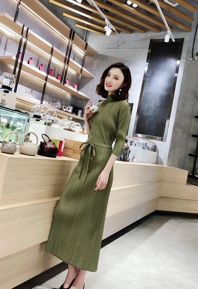 

HOT SELLING Cultivate one's morality show new fold belt split stand collarthree quarter straight dresses IN STOCK