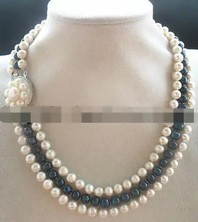 

3rows 8-9freshwaetr pearl black white round necklace 17-19"