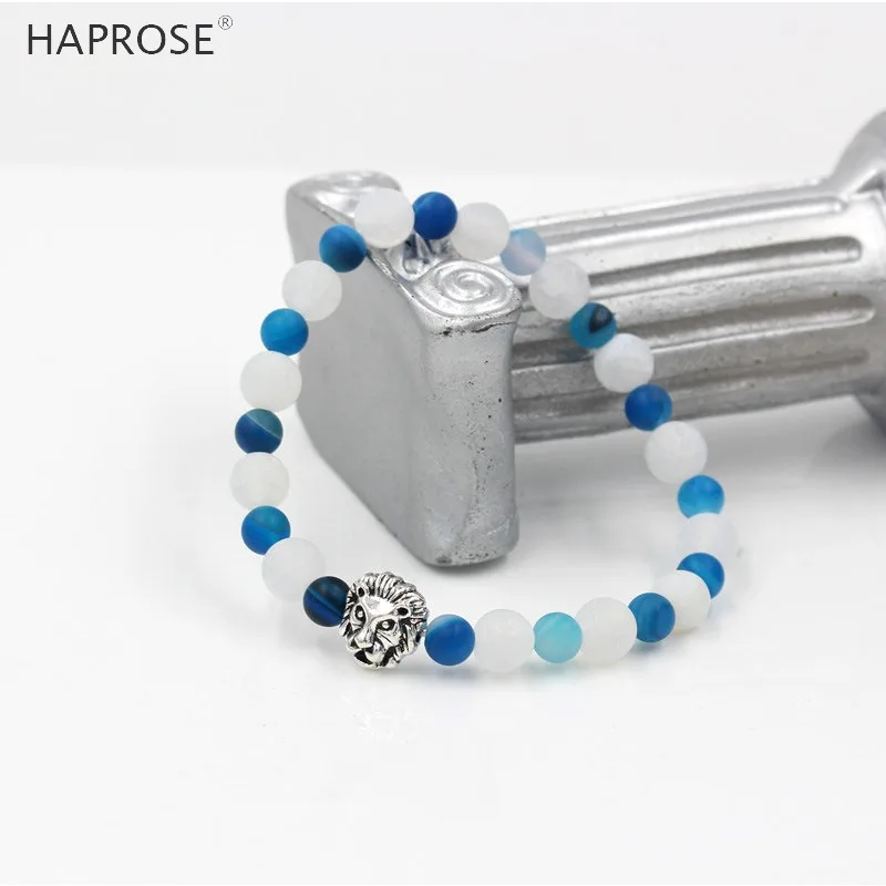 HAPROSE Agate bracelet Natural White blue Agates  Beads 8mm Creative Jewellery Bracelet Gem Lion head bracelet Free shipping