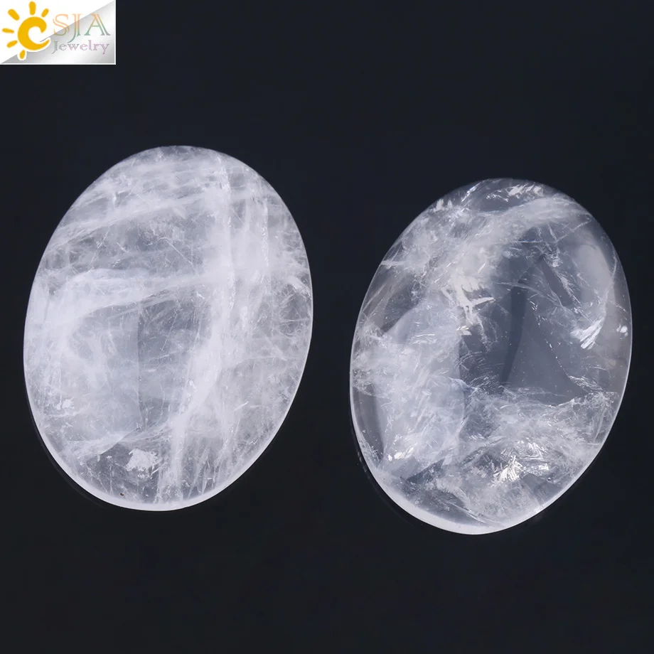 CSJA 1pc Natural Gem Stone White Crystal Cabochon Oval Clear CAB Beads No Drilling Hole for Jewelry Making DIY Pendant Ring F812