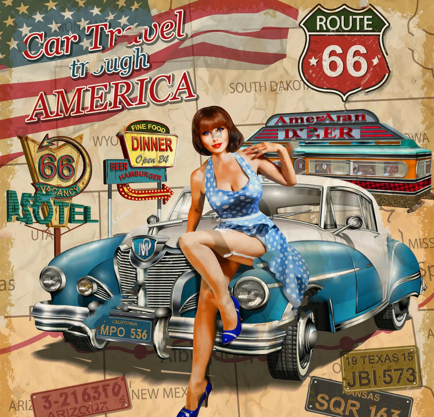 

vintage car america flag girl route 66 photo backdrop High quality Computer print wall photography backgrounds