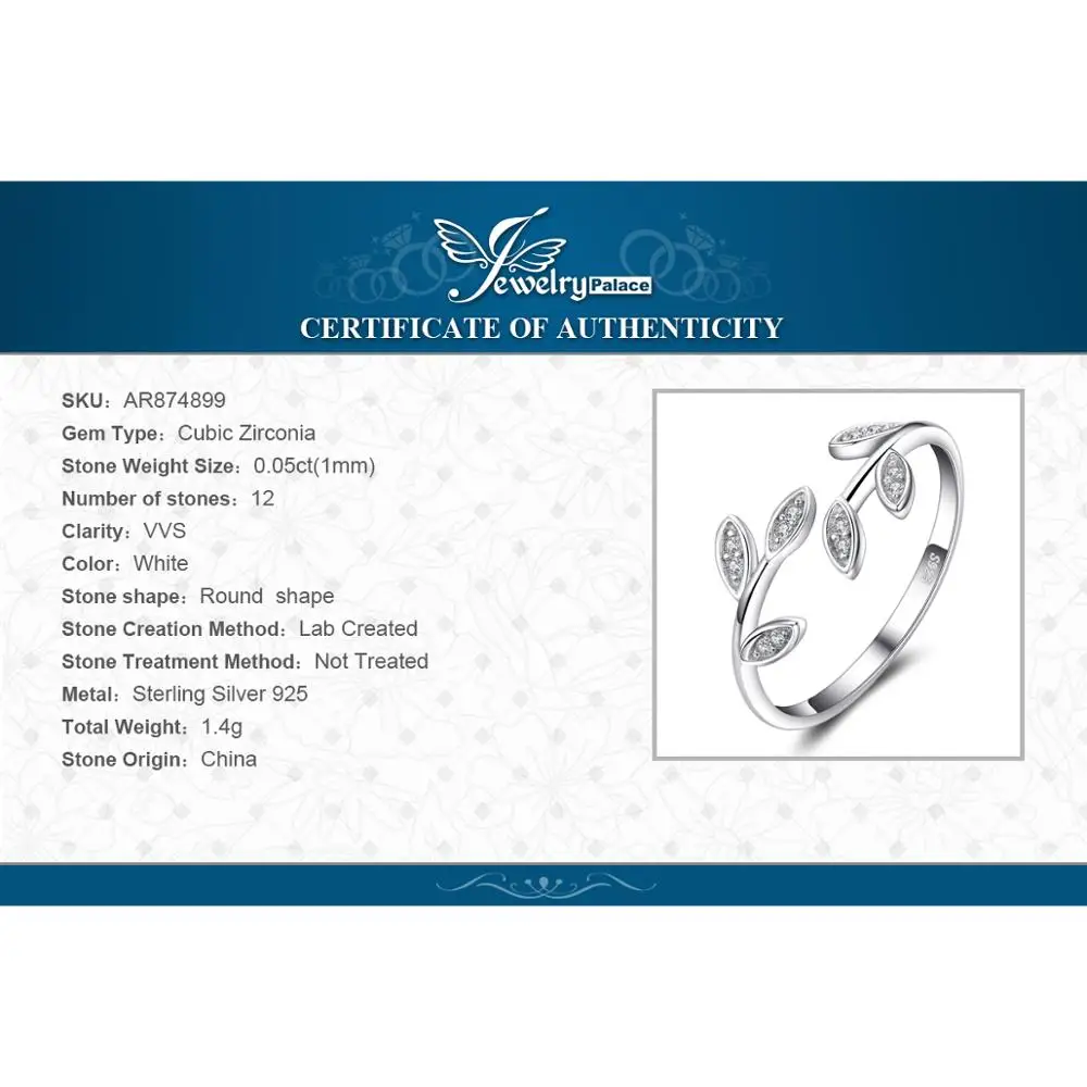 JewelryPalace Olive Leaf Cubic Zirconia 925 Sterling Silver Open Adjustable Ring Cuff for Women Yellow Gold Rose Gold Plated
