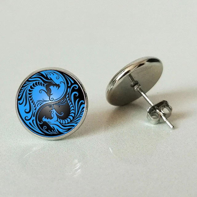 2019 / hot sale, blue dragon yin and yang Tai Chi glass earrings jewelry, convex dome glass men and women earrings.