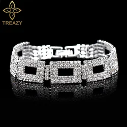 TREAZY Silver Color Rhinestone Crystal Bracelets For Women Charm Hollow Geometric Link Bracelets &Bangles Bridal Wedding Jewelry