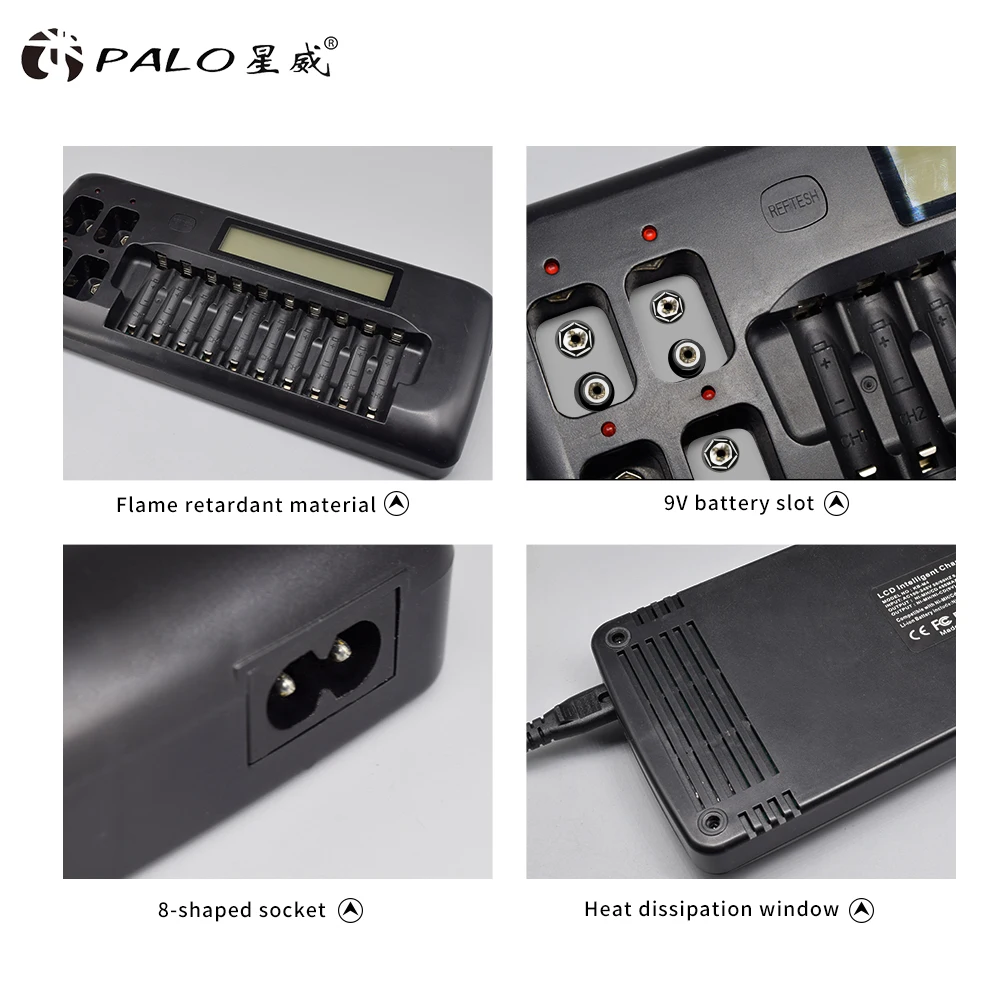 PALO 14-Slots LCD Display Intelligente Batterie Ladegerät für 1,2 V AA AAA Ni-Mh Ni-CD Akku 9V Ni-Mh Ni-Cd Lithium-Batterie