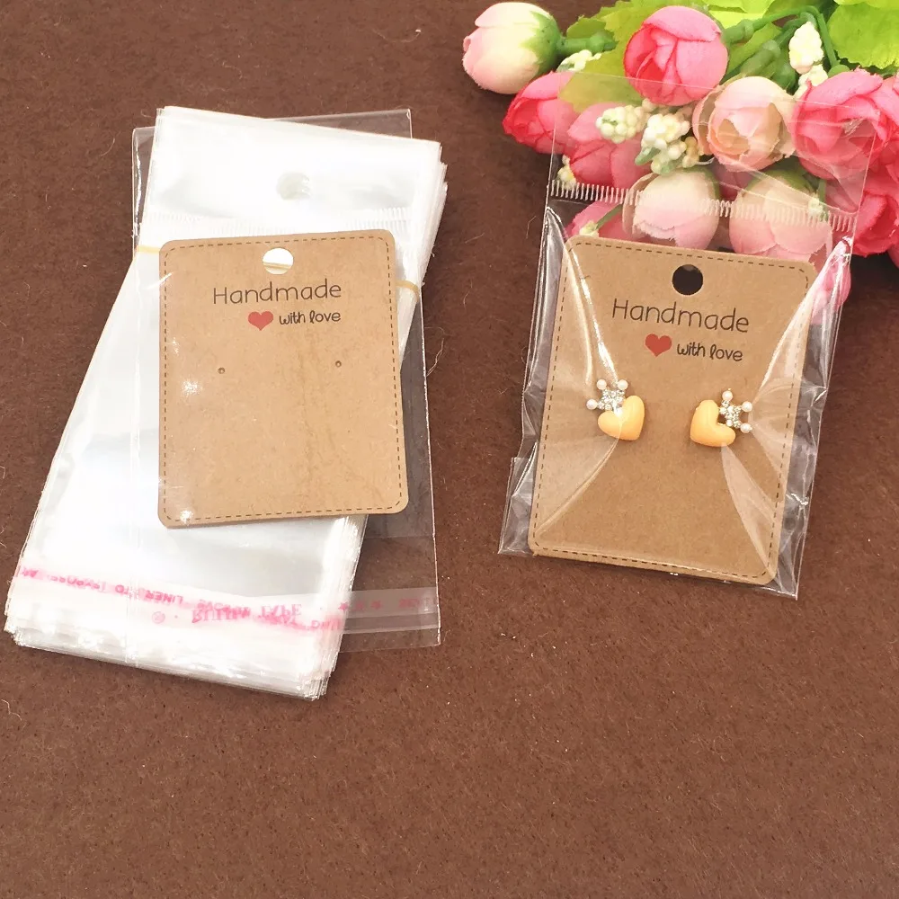 200pcs Kraft Earring Cards+200pcs OPP Bags Paper Jewelry Cards Brown Handmade Earring Displays Cards Fashion Love Gift Earcard