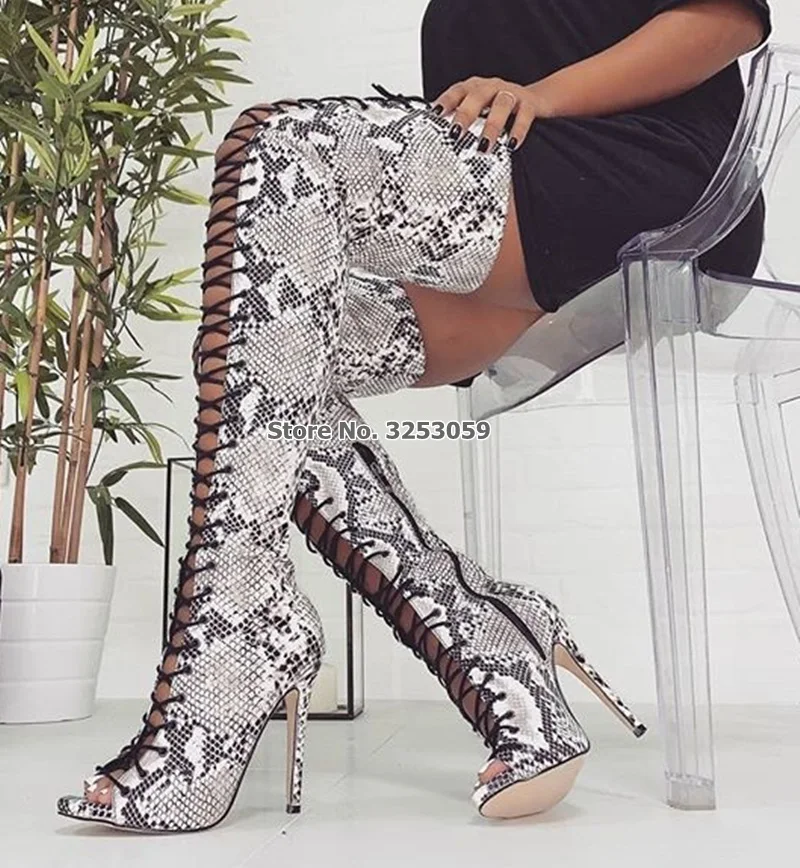 ALMUDENA Women Sexy Grey Snakeskin Printed Over-the-knee Boots Stiletto Heels Lace-up Python Thigh High Boots Long Sandal Boots