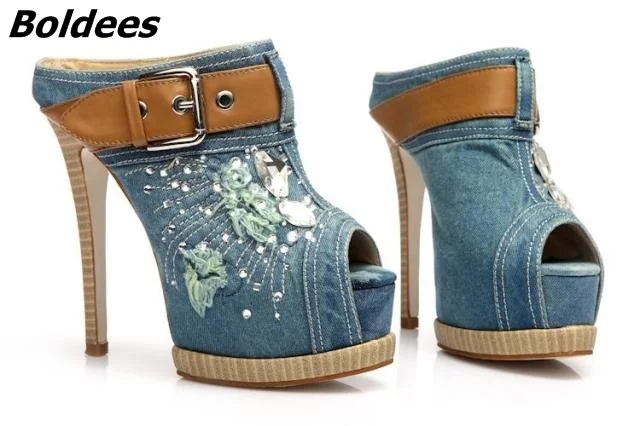 Boldees New Arrival Blue Denim Platform Slippers Women Stylish Jeans Crystal Buckle Decorated Peep Toe Sandals Stiletto HeelShoe