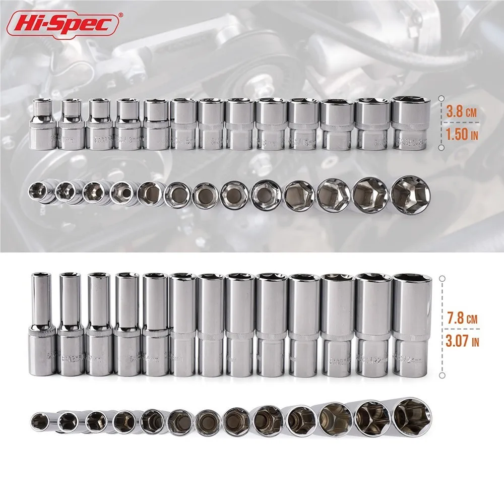 Hi-Spec 10pc 1/2 inch Short Long Socket Set CRV 10-24mm Deep Socket Adapter for Torque Ratchet Socket Wrench Spanner Repair Tool