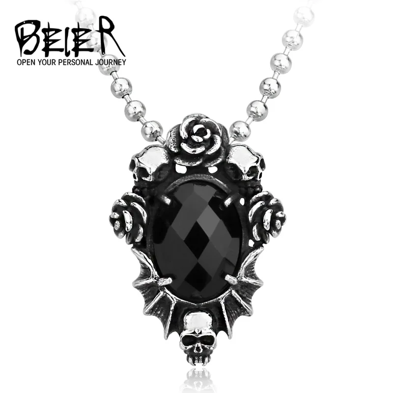 BEIER New store Fashion Men\' Jewelry Wholesale Steel Skull Flower Necklace Pendant With Black Stone gift chain BP8-123