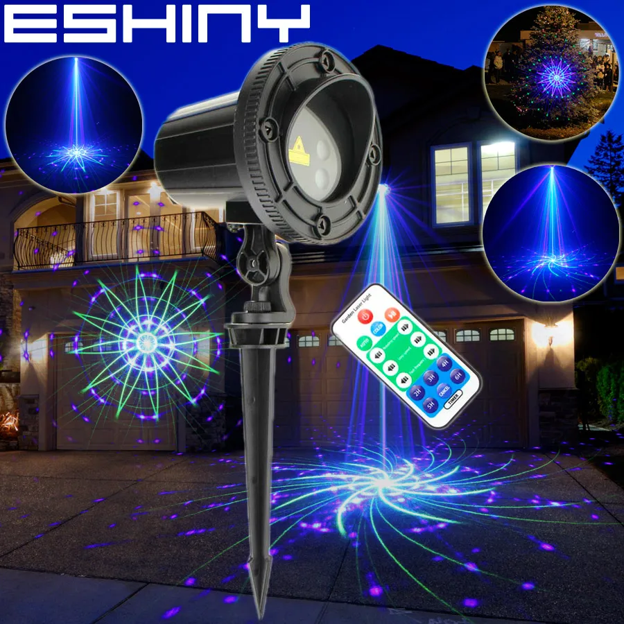 ESHINY Outdoor IP44 WF Green Blue Laser 24 Patterns Projector Party Bar Xmas Tree Dance House Wall Landscape Garden Light T217D2