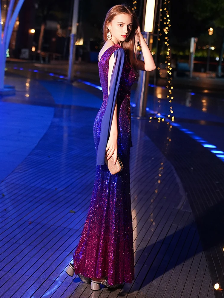 Robe De soirée réfléchissante style sirène, longue, col en v, paillettes, 2019