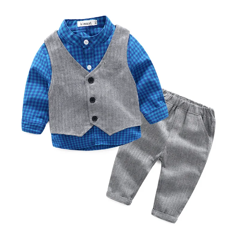 new style gentleman baby boy clothes plaid baby boy newborn wedding clothes (3pcs/set) baby clothing set