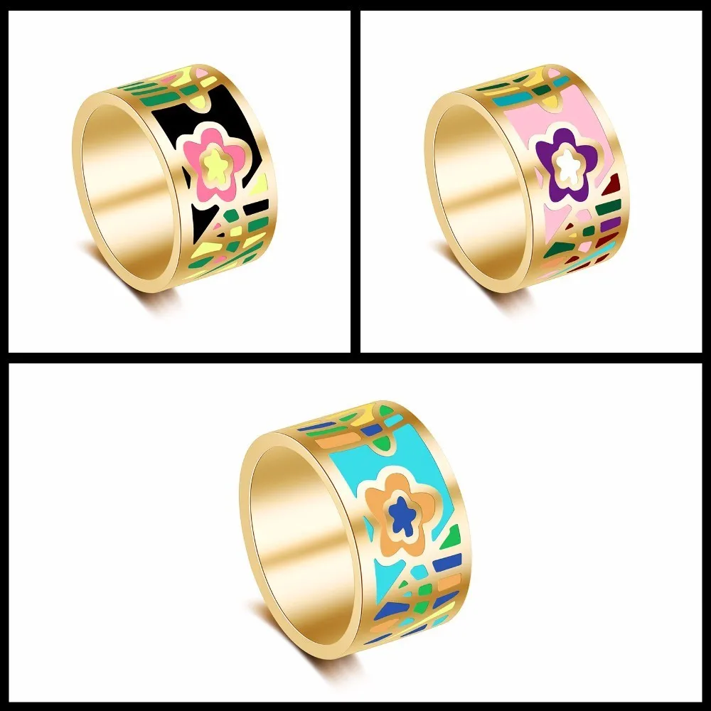 Free Shipping Hot Sale Fashion Enamel Jewelry Stainless Steel Rings For Women Colorful Trendy Flower Pattern Design Party Gift