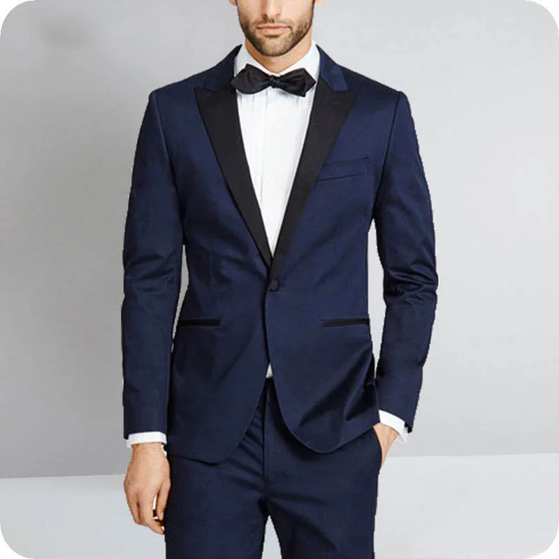 

Navy Blue Men's Classic Suit for Wedding Black Peaked Lapel Vintage Groom Tuxedos Slim Fit Terno Masculino 2Pieces Costume Homme