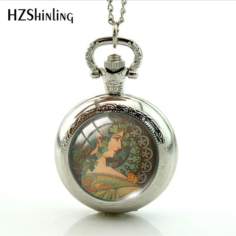 2019 New Alphonse Mucha Seasons Pocket Watch Art Paintings Necklaces Glass Cabochon Jewelry Locket Pocket Watch