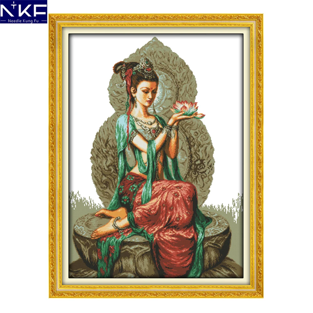 

NKF Dunhuang lotus female handcraft needlepoint kits counted stamped canvas Christmas cross stitch sets for home decoration