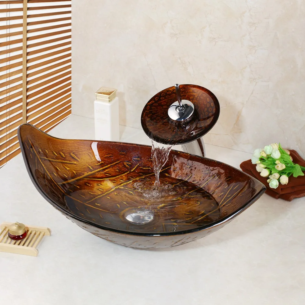 KEMAIDI Bathroom Art Design Great Gold leaf Vessel Washbasin Tempered Glass Sink With Brass Faucet With Pop Up Drainer