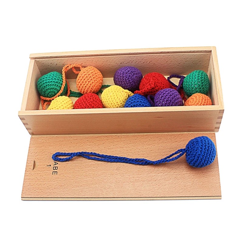 Lot de 12 balles tricotées en bois pour bébés, jouet éducatif éducatif avec boîte, aide pédagogique, couleur, jeux GABE1 2-4