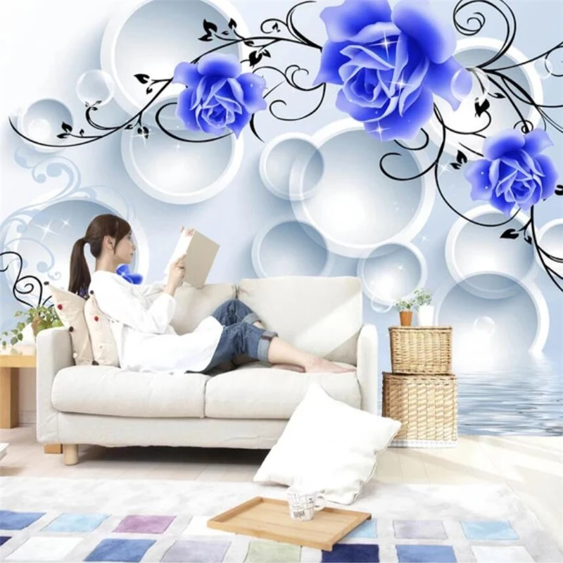 

wellyu Custom wallpaper papel de parede 3d Beautiful Blue Enchantress Blue Rose 3D Circle TV Background Wall papier peint