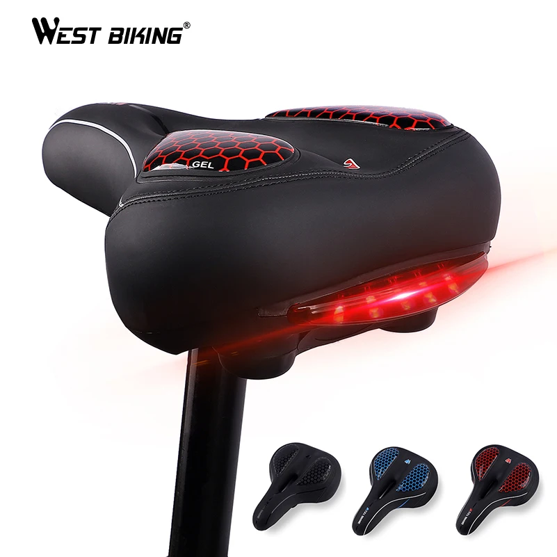 WEST BIKING PU GEL Soft Bike Saddle Thicken Seat With Taillight Flash Light Waterproof Front Saddle Comfortable Bicycle Cushion