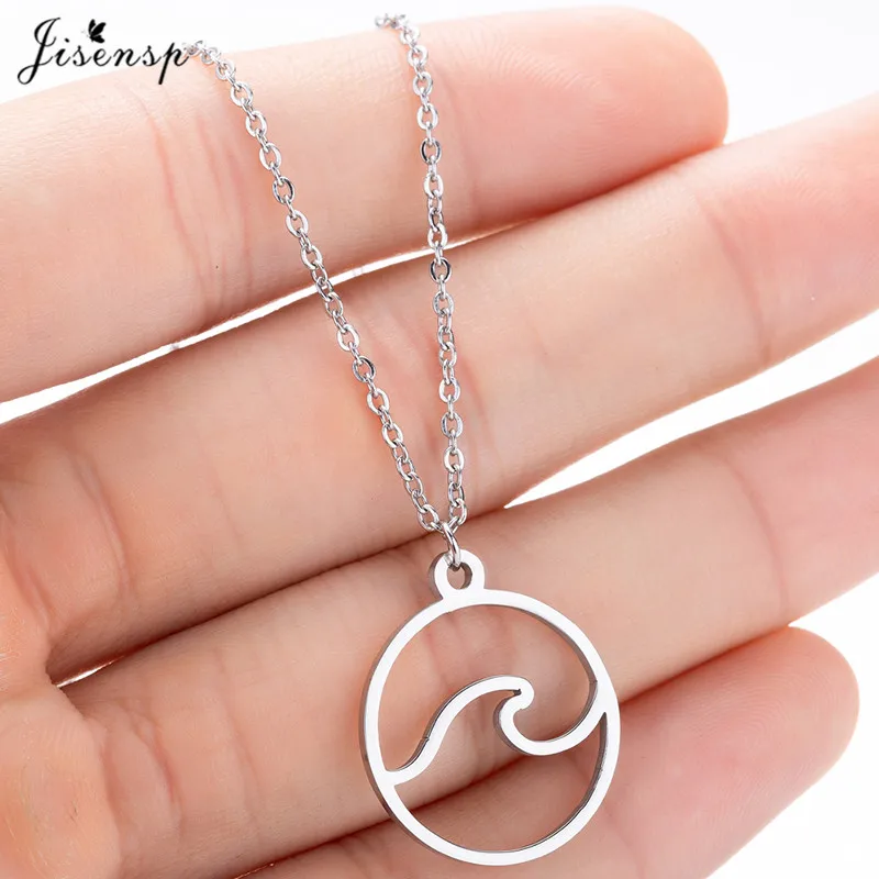 Jisensp Stainless Steel Wave Necklace Pendants Long Chain Beach Nautical Surfing Necklace Jewelry Tropical Wedding Jewelry Gift